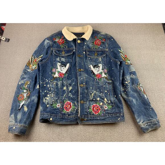 REASON NY Moto Sherpa Denim Jacket Men’s M Streetwear Embroidered Pin Up Roses - Picture 1 of 15